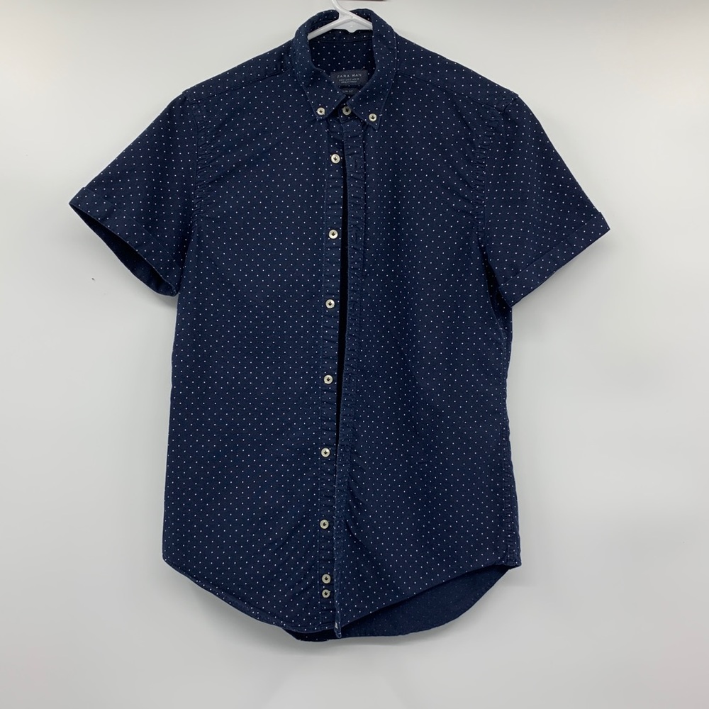 ZARA MAN Short Sleeve Navy Blue POKA Dot Shirt